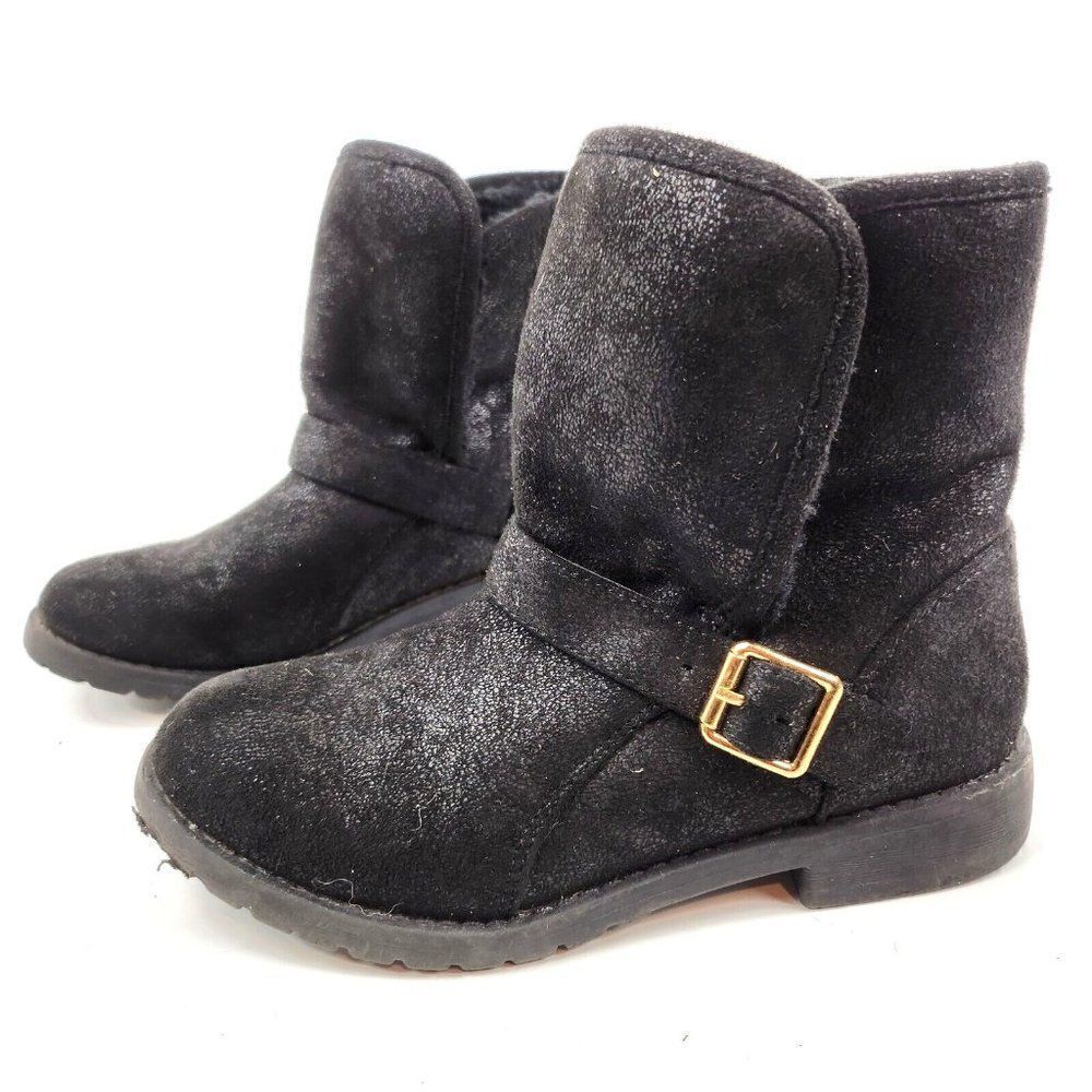 The Children’s Place Black Fur Lined Faux Suede Moto Ankle Boots Girls sz 1